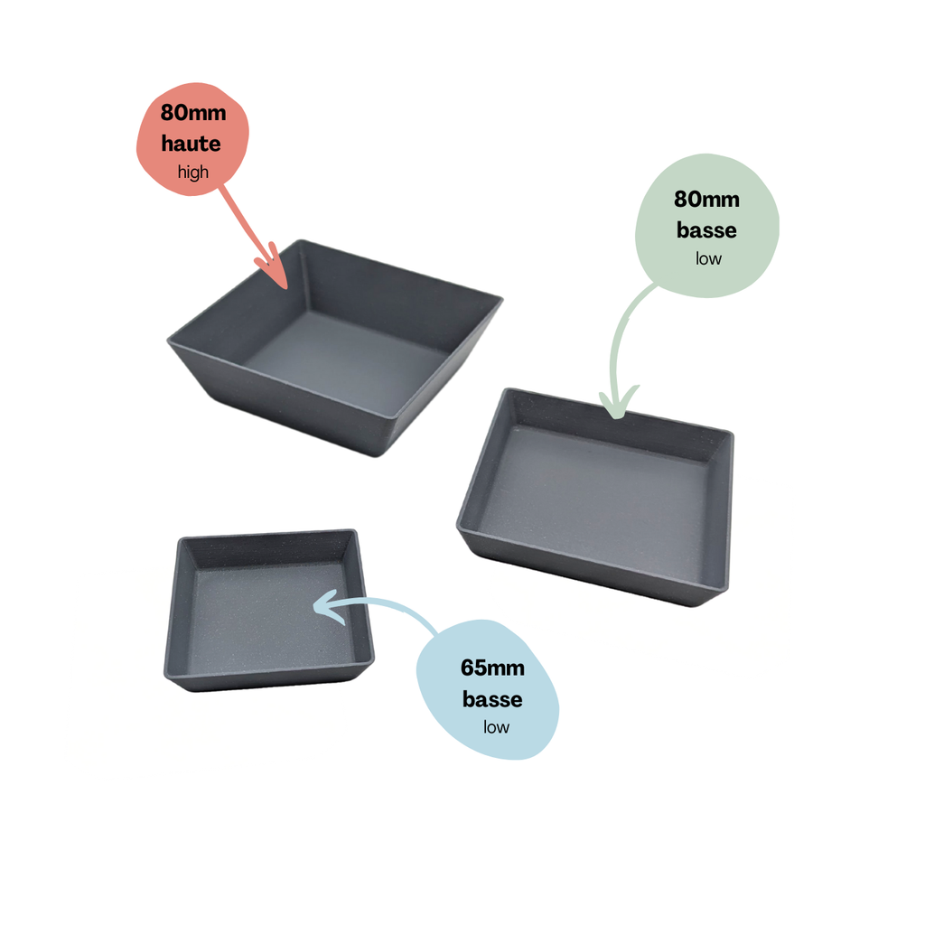 Coupelles empilables plusieurs formats 80 mm  haute ou basse et 65 mm basse.