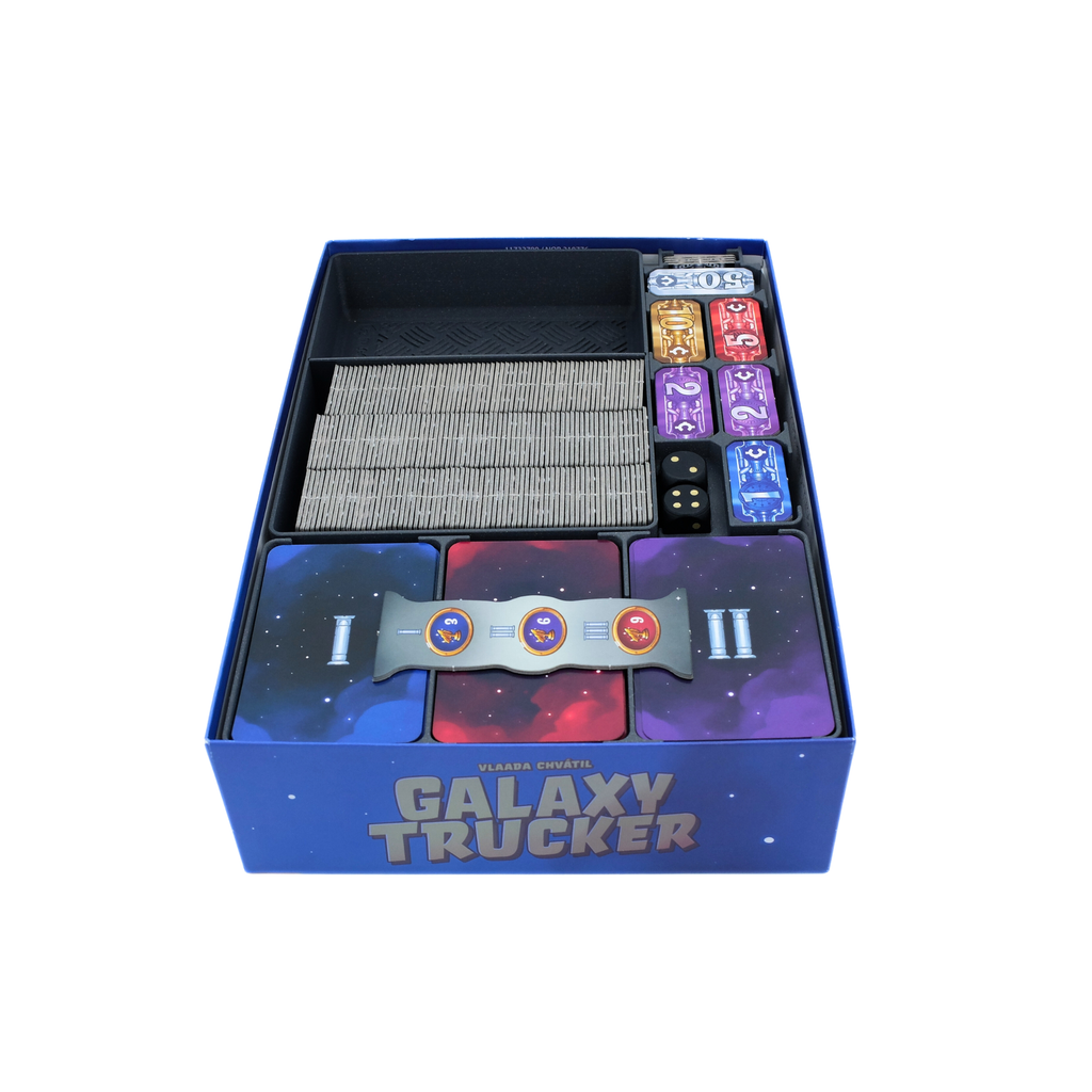 Insert Galaxy trucker boîte parfaitement rangée - déplacez ou rangez votre jeu sur la tranche en toute sécurité.