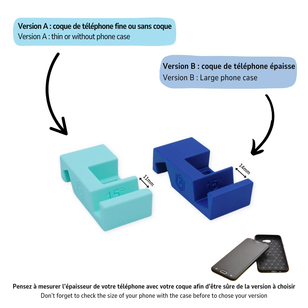Petit porte téléphone 2 inclinaison - pour coque fine ou coque épaisse.
